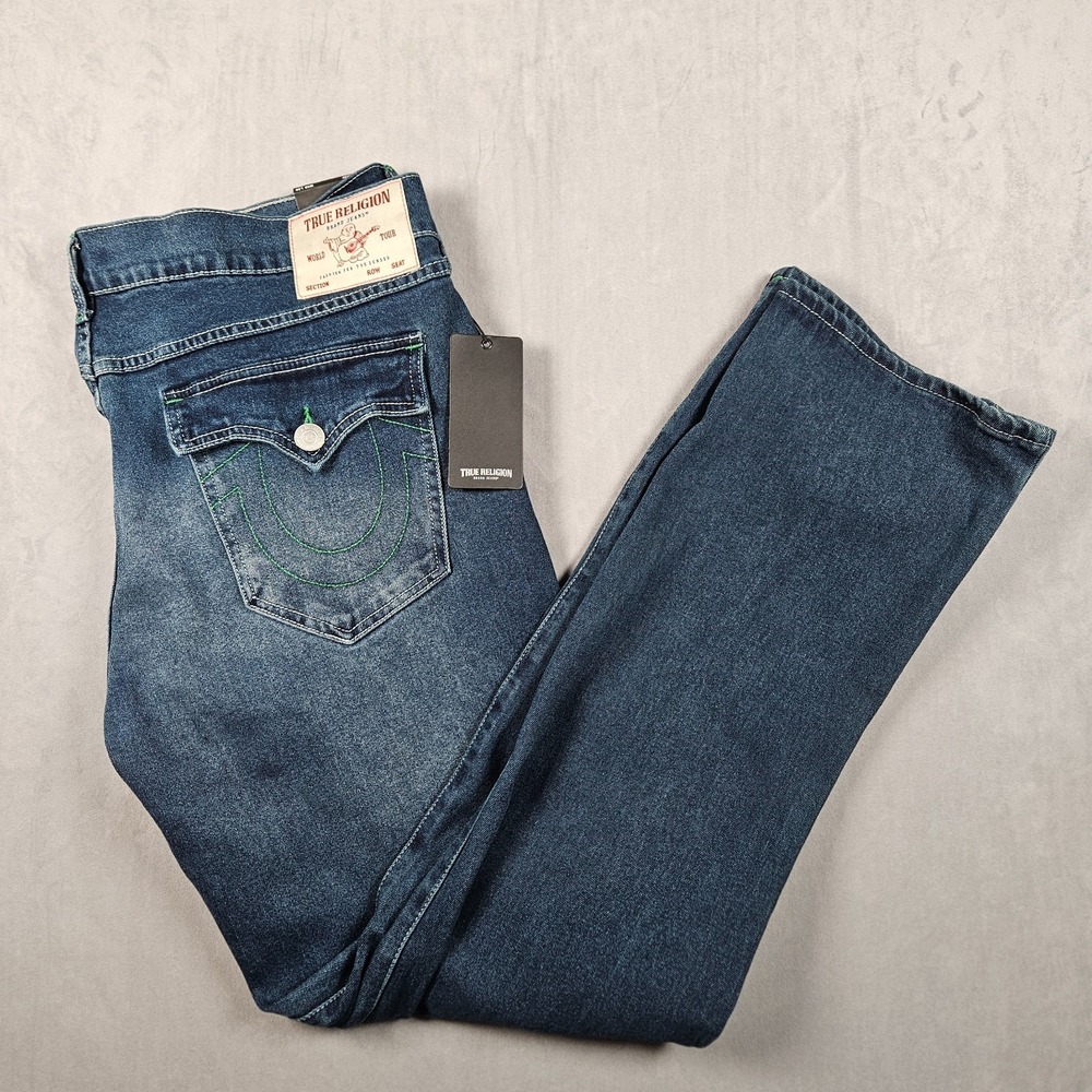 NEW True Religion Ricky Relaxed Straight Jeans Mens 38x34 Dark Wash Flap Pockets
